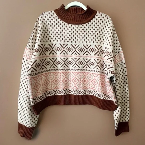 American Eagle Fair Isle Cropped Sweater XL Nordic Mock Neck Knit - Picture 1 of 13